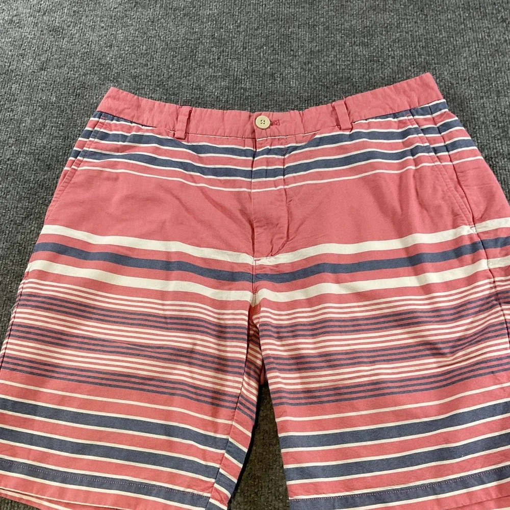 Vineyard Vines Breaker Shorts Mens 36 Salmon Pink Navy White Striped Cotto Chino